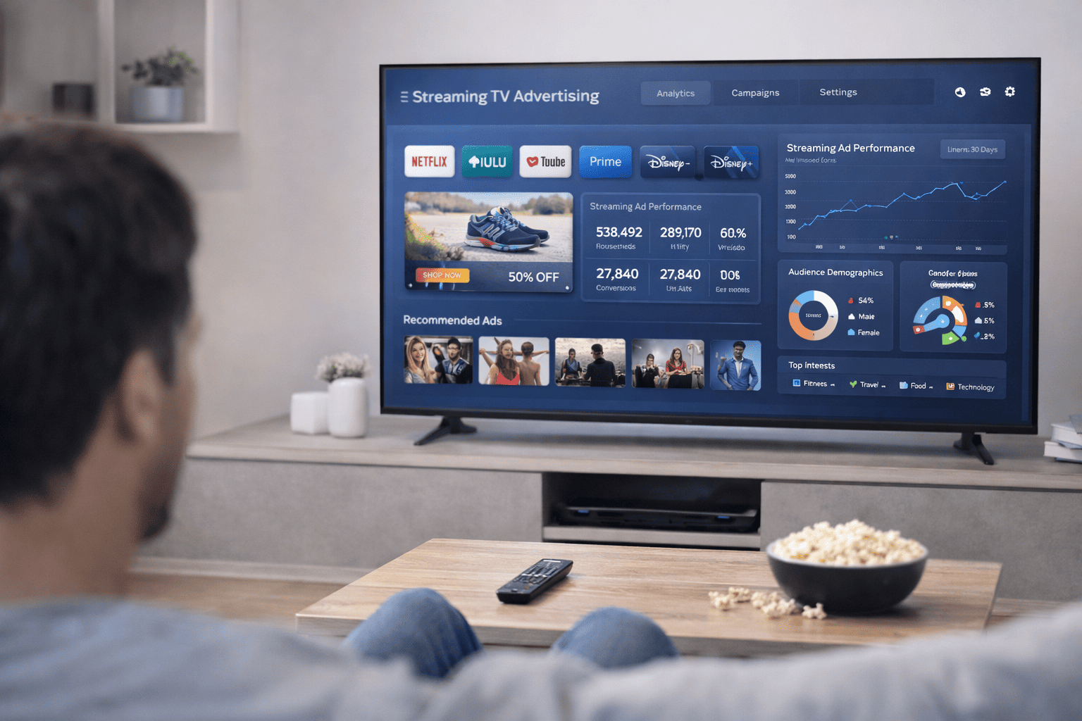 Connected TV streaming modern living room with smart TV streaming content